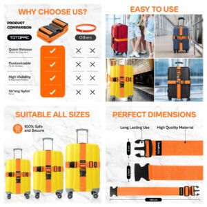 4 Pack Luggage Straps, Adjustable Suitcase Belts 70.87" x 1.97" with Quick Release Buckle, Durable Travel Accessories for Secure Luggage and Easy Identification (Orange+Blue+Pink+Yellow)