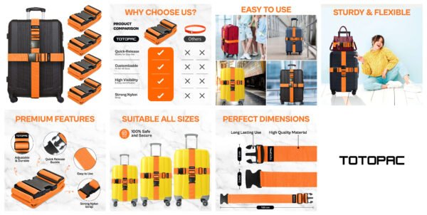 4 Pack Luggage Straps, Adjustable Suitcase Belts 70.87" x 1.97" with Quick Release Buckle, Durable Travel Accessories for Secure Luggage and Easy Identification (Orange+Blue+Pink+Yellow)