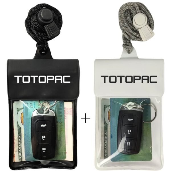 TOTOPAC Waterproof Car Key FOB Pouch Submersible Dry Bag Holder for ID, Credit Cards, Cash, Keys | Swim, Surf, Water Sports Key Case, Floating Wallet for Outdoor Adventures (Black + White)