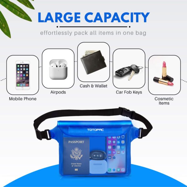 2 Pack Waterproof Waist Bag, 9x6.7 Inch Pouch with Adjustable Strap Dry Bag for Phones and Valuables, Perfect for Beach Boating Swimming Kayaking Snorkeling Water Park (2, Blue + Blue)