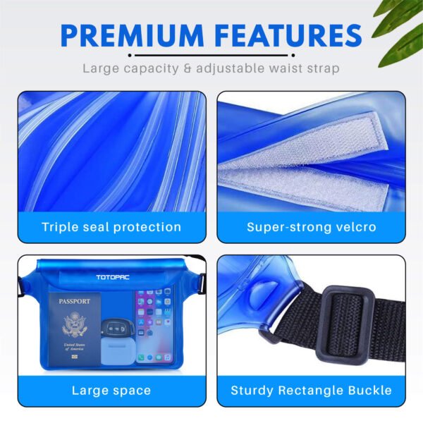 2 Pack Waterproof Waist Bag, 9x6.7 Inch Pouch with Adjustable Strap Dry Bag for Phones and Valuables, Perfect for Beach Boating Swimming Kayaking Snorkeling Water Park (2, Blue + Blue)