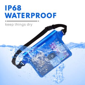 2 Pack Waterproof Waist Bag, 9x6.7 Inch Pouch with Adjustable Strap Dry Bag for Phones and Valuables, Perfect for Beach Boating Swimming Kayaking Snorkeling Water Park (2, Blue + Blue)