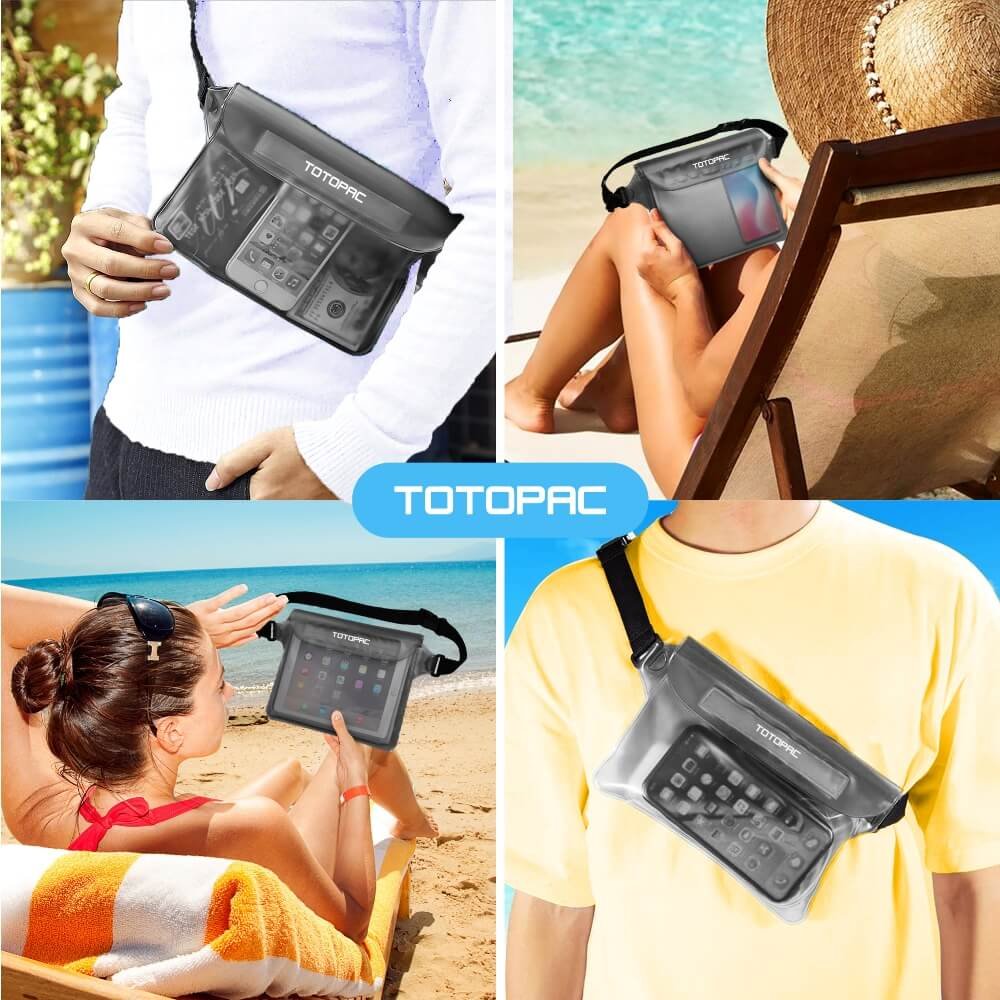 TOTOPAC 2 Pack Waterproof Waist Bag, 9x6.7 Inch Pouch with Adjustable Strap Dry Bag for Phones and Valuables, Perfect for Beach Boating Swimming Kayaking Snorkeling Water Park (2, Grey + Grey)