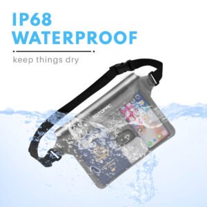 TOTOPAC 2 Pack Waterproof Waist Bag, 9x6.7 Inch Pouch with Adjustable Strap Dry Bag for Phones and Valuables, Perfect for Beach Boating Swimming Kayaking Snorkeling Water Park (2, Grey + Grey)