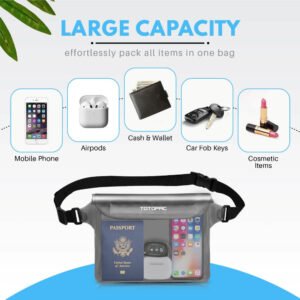 TOTOPAC 2 Pack Waterproof Waist Bag, 9x6.7 Inch Pouch with Adjustable Strap Dry Bag for Phones and Valuables, Perfect for Beach Boating Swimming Kayaking Snorkeling Water Park (2, Grey + Grey)