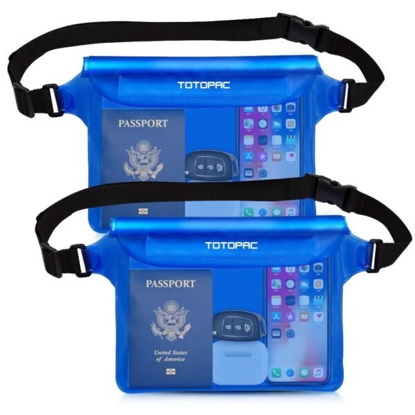 2 Pack Waterproof Waist Bag, 9x6.7 Inch Pouch with Adjustable Strap Dry Bag for Phones and Valuables, Perfect for Beach Boating Swimming Kayaking Snorkeling Water Park (2, Blue + Blue)