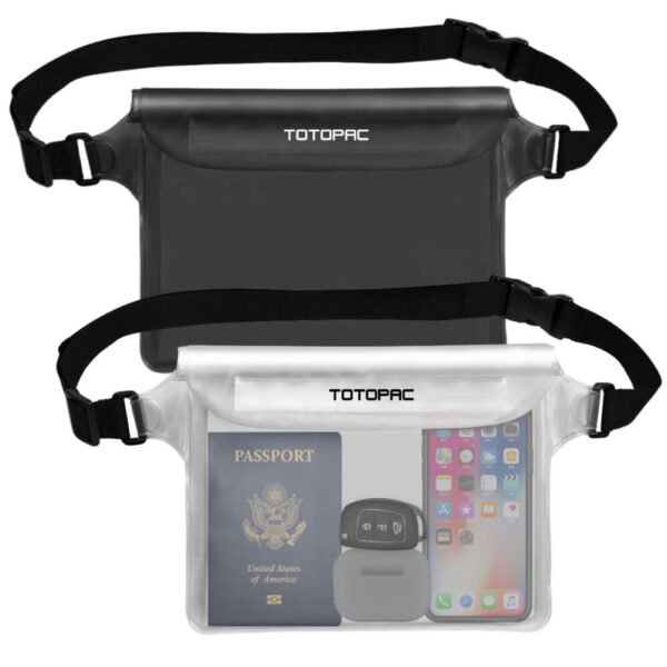 TOTOPAC 2 Pack Waterproof Waist Bag, 9x6.7 Inch Pouch with Adjustable Strap Dry Bag for Phones and Valuables, Perfect for Beach Boating Swimming Kayaking Snorkeling Water Park (2, Black + White)