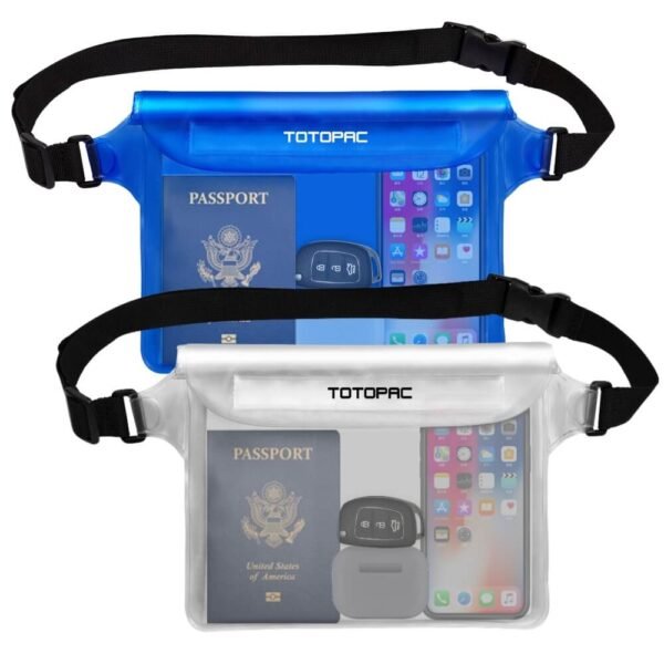 TOTOPAC 2 Pack Waterproof Waist Bag, 9x6.7 Inch Pouch with Adjustable Strap Dry Bag for Phones and Valuables, Perfect for Beach Boating Swimming Kayaking Snorkeling Water Park (2, Blue + White)