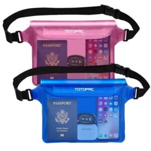 TOTOPAC 2 Pack Waterproof Waist Bag, 9x6.7 Inch Pouch with Adjustable Strap Dry Bag for Phones and Valuables, Perfect for Beach Boating Swimming Kayaking Snorkeling Water Park (2, Pink + Blue)