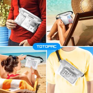 TOTOPAC 2 Pack Waterproof Waist Bag, 9x6.7 Inch Pouch with Adjustable Strap Dry Bag for Phones and Valuables, Perfect for Beach Boating Swimming Kayaking Snorkeling Water Park (2, White + White)