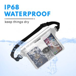 TOTOPAC 2 Pack Waterproof Waist Bag, 9x6.7 Inch Pouch with Adjustable Strap Dry Bag for Phones and Valuables, Perfect for Beach Boating Swimming Kayaking Snorkeling Water Park (2, White + White)