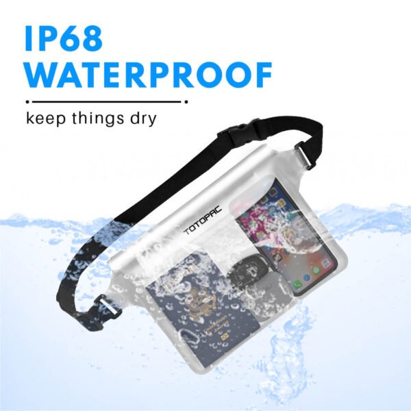 TOTOPAC 2 Pack Waterproof Waist Bag, 9x6.7 Inch Pouch with Adjustable Strap Dry Bag for Phones and Valuables, Perfect for Beach Boating Swimming Kayaking Snorkeling Water Park (2, White + White)