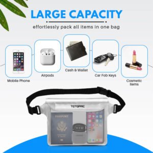 TOTOPAC 2 Pack Waterproof Waist Bag, 9x6.7 Inch Pouch with Adjustable Strap Dry Bag for Phones and Valuables, Perfect for Beach Boating Swimming Kayaking Snorkeling Water Park (2, White + White)