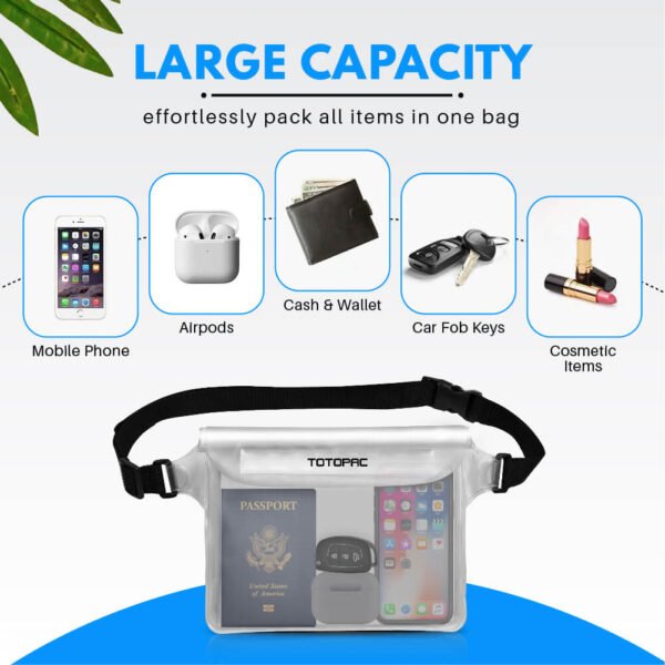 TOTOPAC 2 Pack Waterproof Waist Bag, 9x6.7 Inch Pouch with Adjustable Strap Dry Bag for Phones and Valuables, Perfect for Beach Boating Swimming Kayaking Snorkeling Water Park (2, White + White)