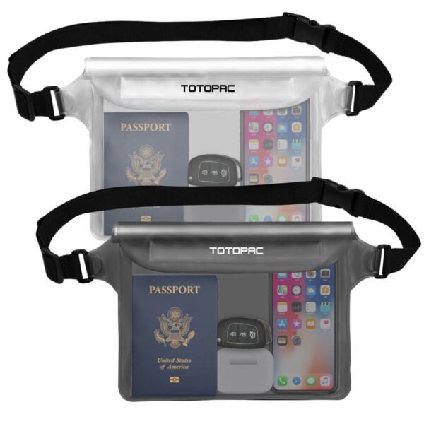 TOTOPAC 2 Pack Waterproof Waist Bag, 9x6.7 Inch Pouch with Adjustable Strap Dry Bag for Phones and Valuables, Perfect for Beach Boating Swimming Kayaking Snorkeling Water Park (2, Grey + White)