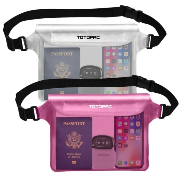 TOTOPAC 2 Pack Waterproof Waist Bag, 9x6.7 Inch Pouch with Adjustable Strap Dry Bag for Phones and Valuables, Perfect for Beach Boating Swimming Kayaking Snorkeling Water Park (2, Pink + White)