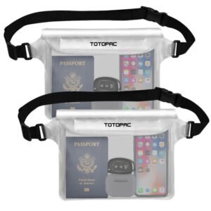 TOTOPAC 2 Pack Waterproof Waist Bag, 9x6.7 Inch Pouch with Adjustable Strap Dry Bag for Phones and Valuables, Perfect for Beach Boating Swimming Kayaking Snorkeling Water Park (2, White + White)